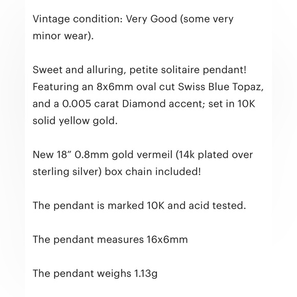 10K Blue Topaz Diamond Pendant: Dainty Small Gold Oval Solitaire Filigree Piece - Picture 9 of 11